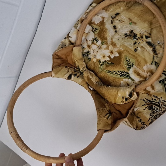 Vintage wood circle handle Hawaiian print beaded tassel fringe retro purse - Picture 13 of 16